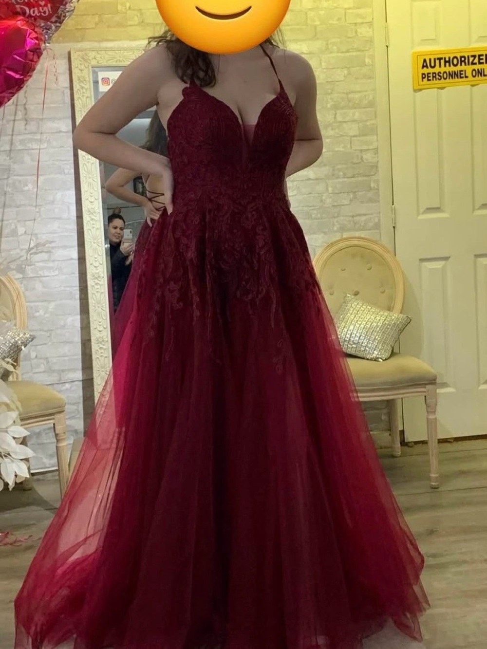 Sleeveless Burgundy Lace & Tulle Evening Gown